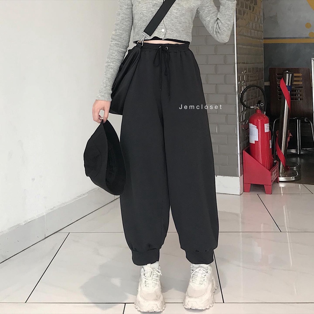 Quần Jogger Nữ Ống Rộng JEM CLOSET Cạp Chun Quần Jogger Nữ ATOM Màu Đen Thiết Kế Gập Ống Dáng Thể Thao Năng Động 2550