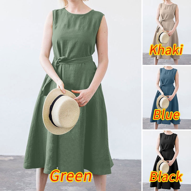 Zanzea Đầm Midi Sát Nách Cổ Tròn Có Túi Bên Hông Và Thắt Lưng Tháo Rời Được Đa Năng