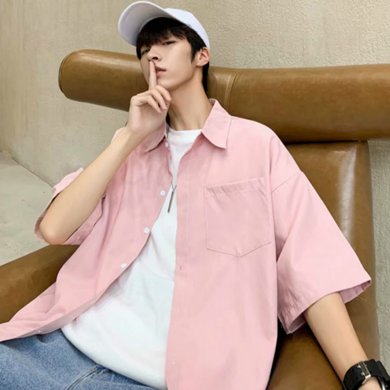 Áo Sơ Mi Trơn Tay Ngắn Dáng Rộng Thời Trang Dành Cho Nam Giới