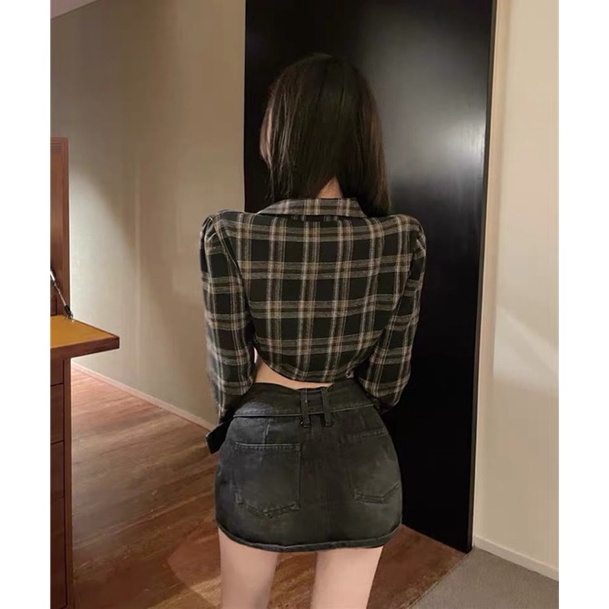 Áo Khoác Sơ Mi Croptop Kẻ Caro Khoá Kéo Phong Cách Cá Tính Năng Động