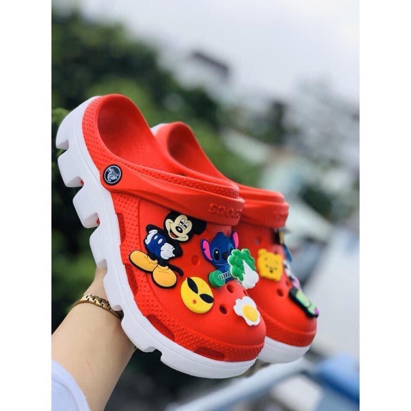 Dép sục cross nam, giày cross nữ đế cao đi mưa full box  màu đỏ và full size 35 đến 45, tặng 12 sticker gắn dép