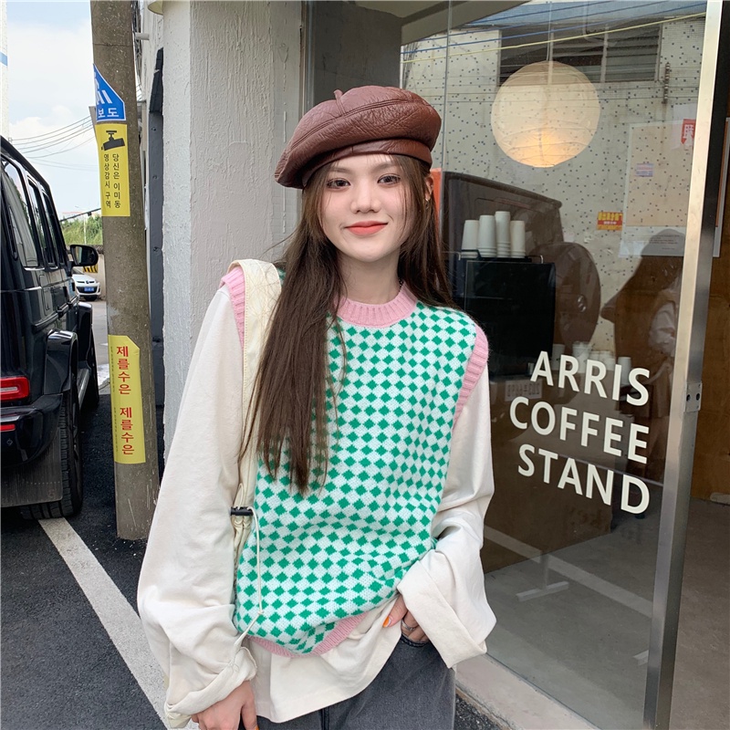 Áo dệt kim sát nách cổ tròn sọc ca rô thời trang cá tính | BigBuy360 - bigbuy360.vn