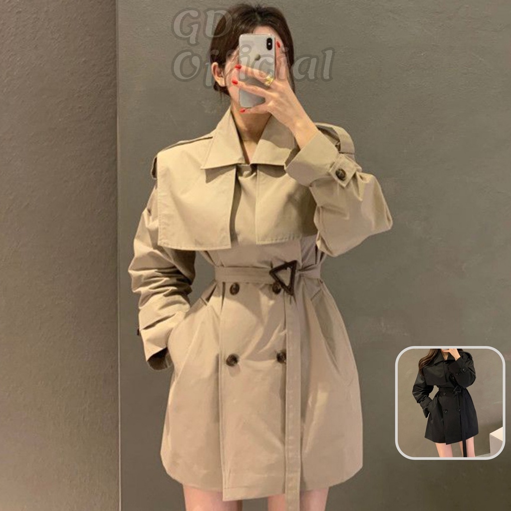 AK34|Áo khoác gió mangto cổ bẻ nữ dáng blazer ngắn, tay dài suông rộng chất kaki dày dặn, ấm áp trơn be, đen GD Official