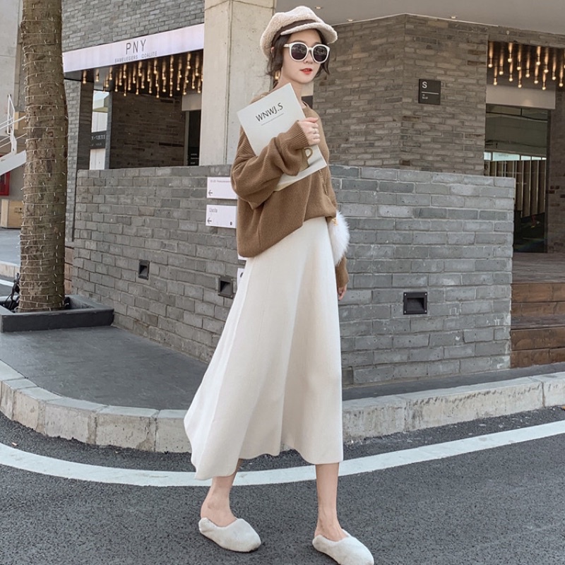 Chân váy dệt kim thu đông dáng dài lưng cao