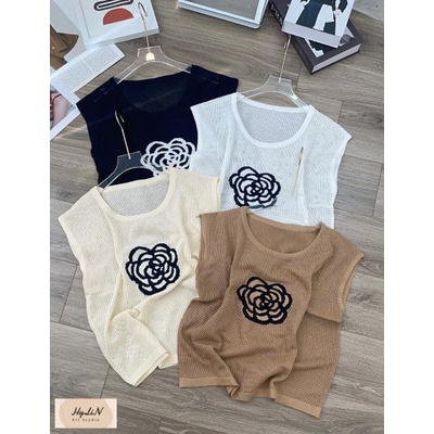 Áo lưới sát nách cổ tròn thêu hoa QC