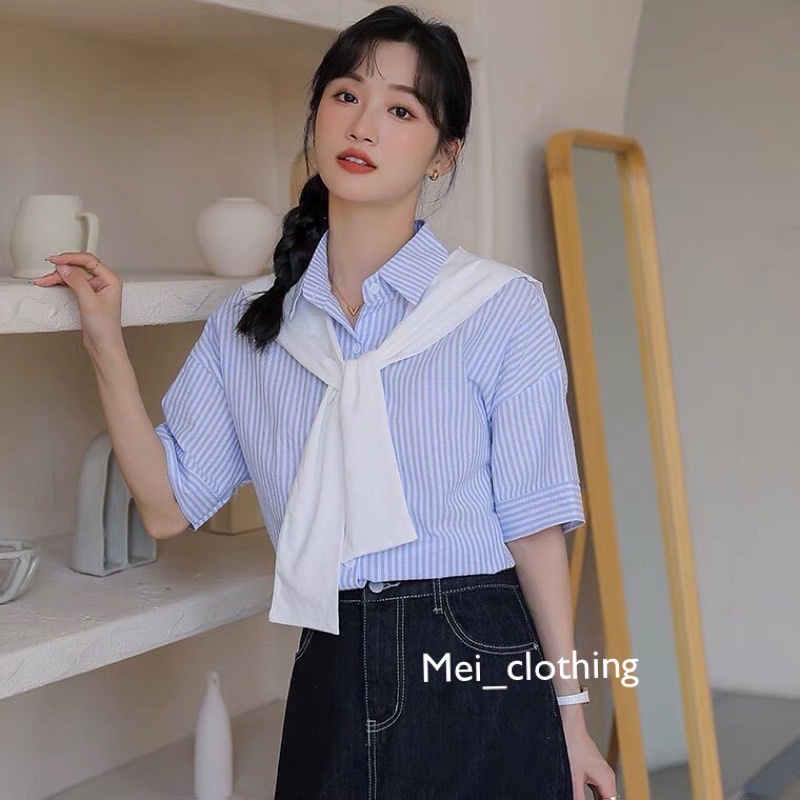 Áo sơmi kẻ cộc tay cổ thuỷ thủ kèm khăn choàng  A54