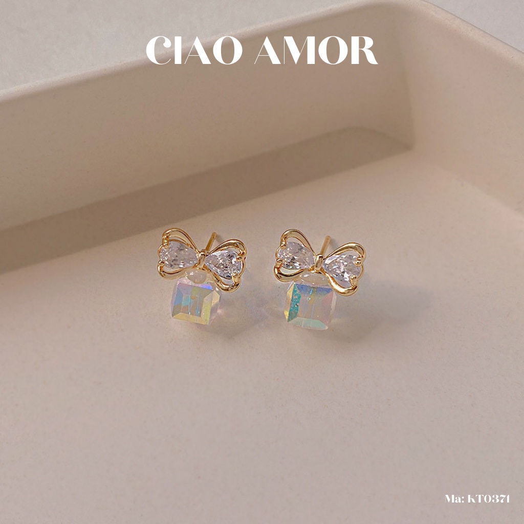 KT0372-Khuyên tai nữ, Bông tai nữ bạc 925 nụ nơ mạ màu mix lấp lánh dễ thương Trang sức Ciao Amor
