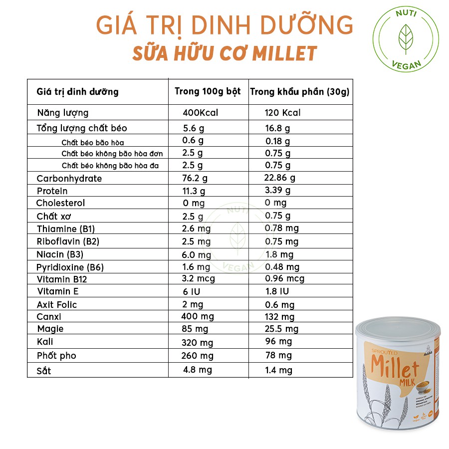 Sữa Hạt Thuần Chay Millet Malaysia, Hộp 700g Vị Gạo, Bổ Sung Protein Hữu Cơ - nutivegan
