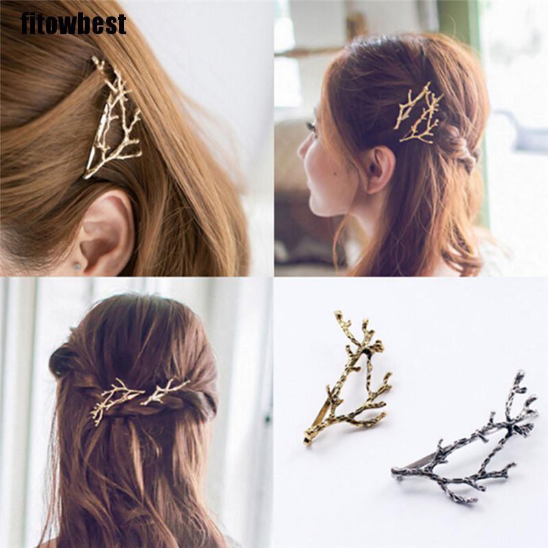 Kẹp tóc kim loại GJCUTE hình cành cây màu vàng / bạc cho nữ