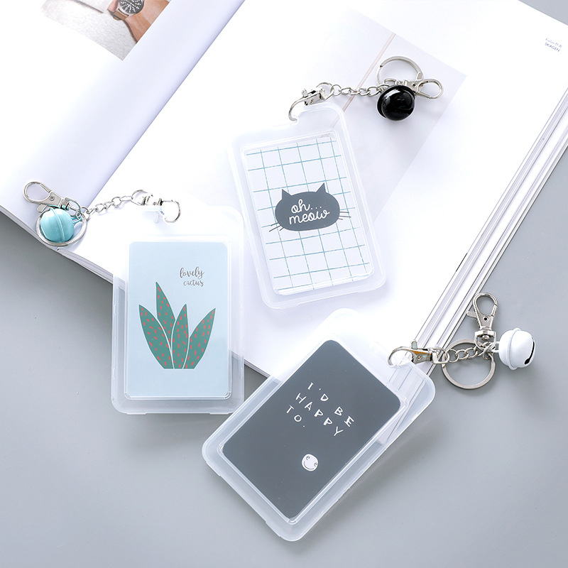 Double-sided Transparent Bus Card Holder with Bells Keychain Female Cartoon Cute Rice Card Holder YKD