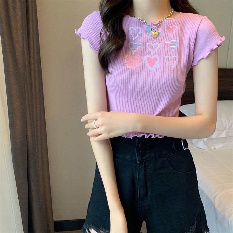 Áo Thun Dệt Kim Tay Ngắn Màu Hồng Thời Trang Mùa Hè Dành Cho Nữ