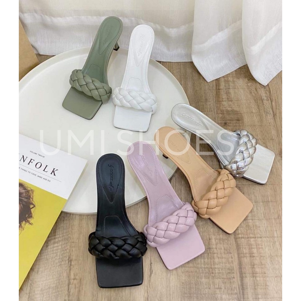 [NOWSHIP HN] Guốc lê nữ quai tết cao gót 6cm xoắn bện thừng đan bính phồng mũi vuông ộm chân hot trend chảnh đẹp