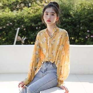 XJ-Xj-small Áo Sơ Mi Tay Dài Cánh Dơi Nhỏ In Họa Tiết Hoa Phong Cách Hàn Quốc Thời Trang Cho Nữ 410