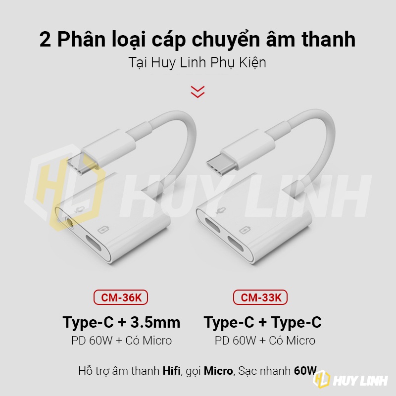 Jack cáp chuyển Type-C 2 in 1 ra 2 ngõ Type-C MH-CM33S hỗ trợ sạc nhanh 60W và micro đàm thoại