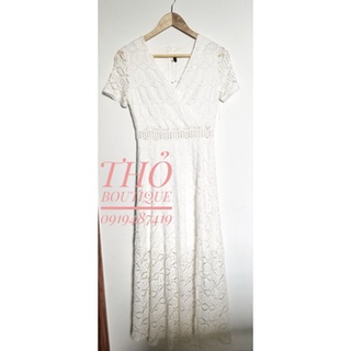 [HÀNG MỸ SĂN SALE] Đầm midi vintage xoè VIVIDRESS.SRM cổ V tay ngắn ren trắng