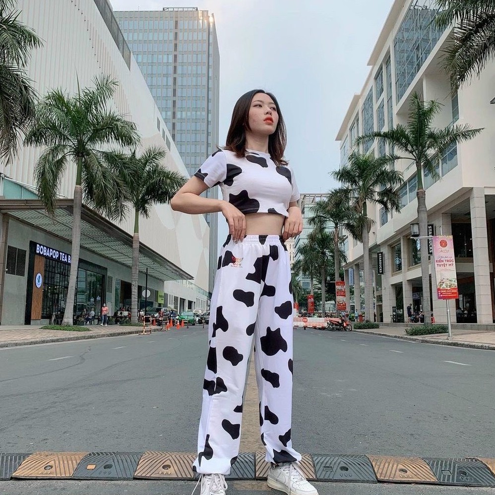 Set Bộ áo Croptop Bò Sữa Phối Quần Loang Unisex Ống Rộng/ Áo Crt Ôm Body Mix Quần Suông Phong Cách Ulzzang B5