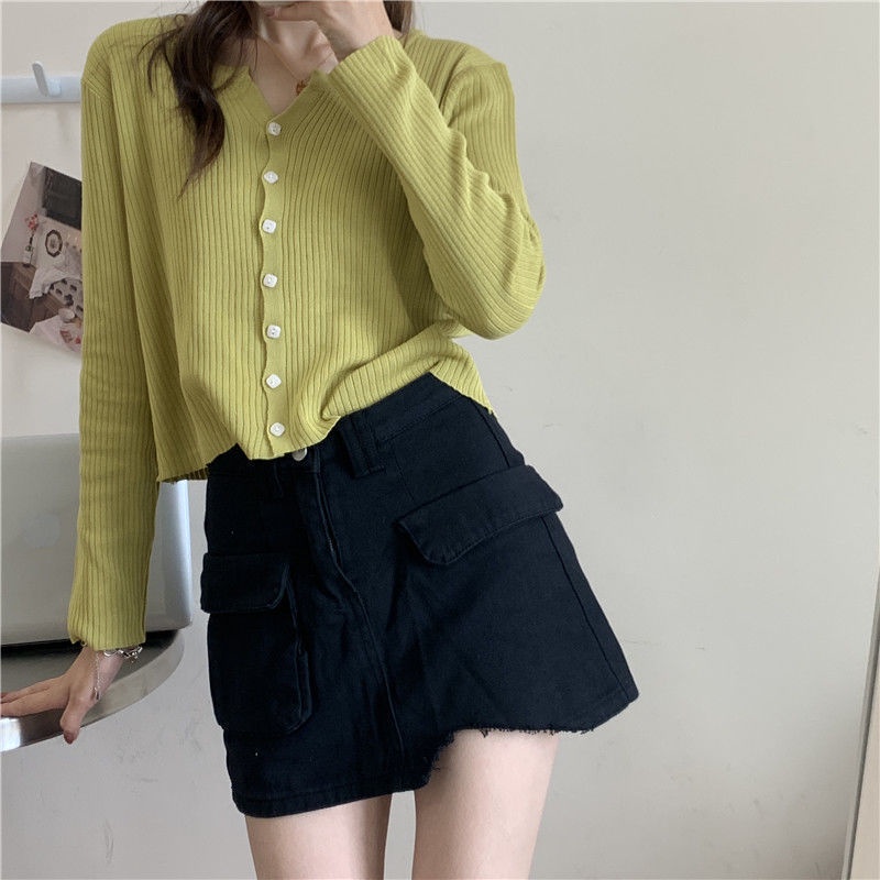 IELGY   Áo Cardigan Dệt Kim Tay Dài Phong Cách Hàn Quốc
