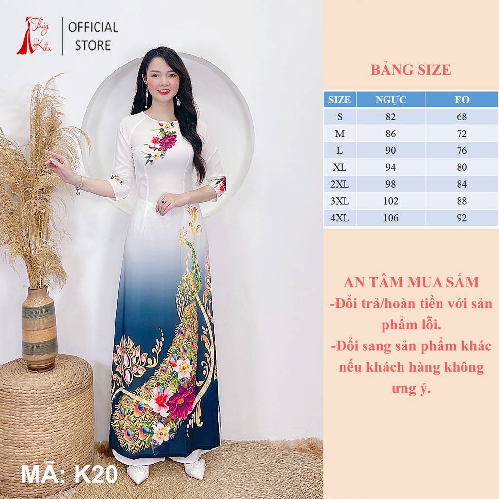 Áo dài truyền thống thiết kế may sẵn cách tân nữ tết nền trắng con công K20 Thúy Kiều mềm mại co giãn áo dài giá rẻ