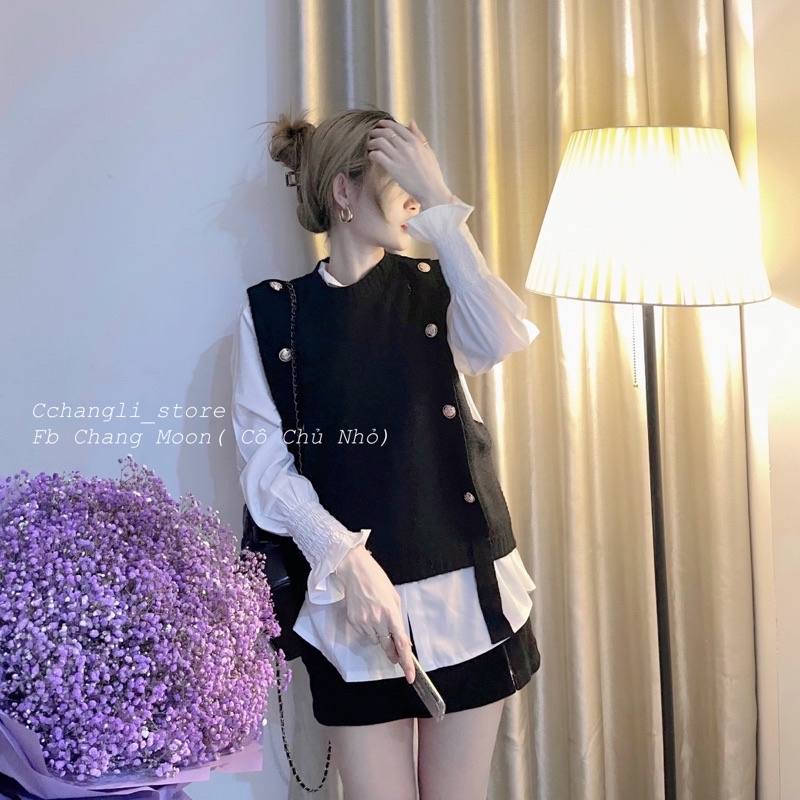 Áo gile len cúc phối sơ mi( ảnh shop chụp)