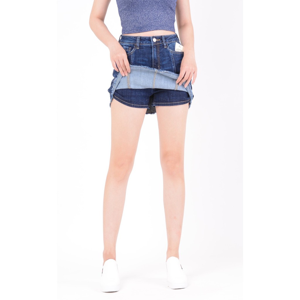 Chân váy jean nữ có quần bên trong đẹp lưng cao cạp cao trơn gân gấu tua rua hàng hiệu cao cấp mã 411 VANIZEN