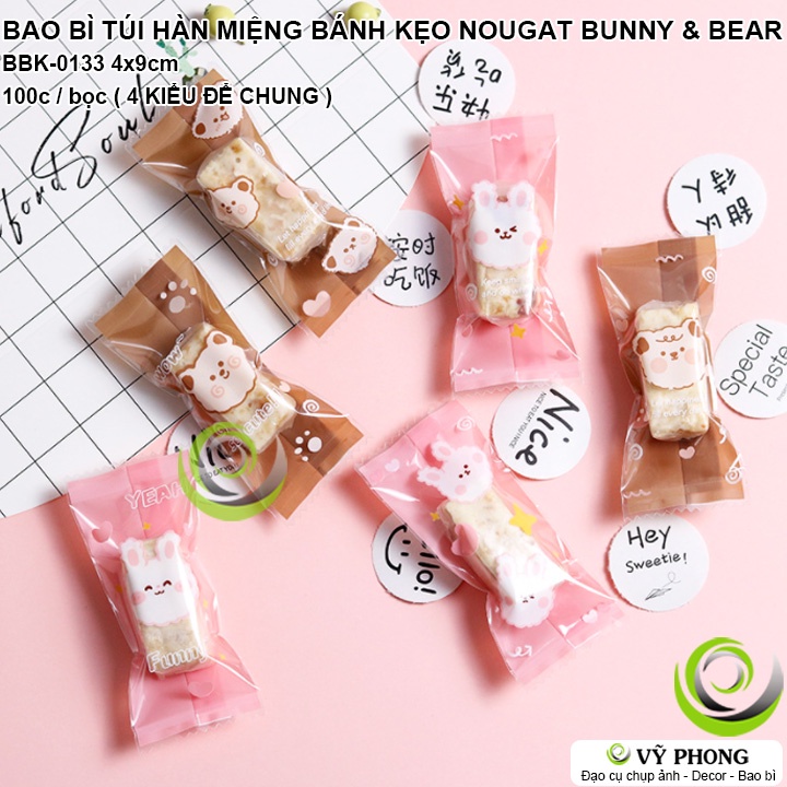 BAO BÌ TÚI NHỰA HÀN MIỆNG 4x9CM ĐỰNG BÁNH KẸO NOUGAT BUNNY &amp; BEAR LÀM QUÀ TẶNG DỊP LỄ TẾT NĂM MỚI NOEL BBK-0133