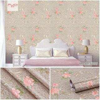 Giấy dán tường hoa hồng 3D nền màu xanh, nâu đất ,khổ 45cm*10m ( sẵn keo dán)