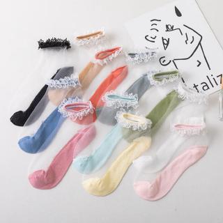 Đôi tất mỏng phối ren chất liệu lụa co dãn trang trí hình hoa xinh xắn