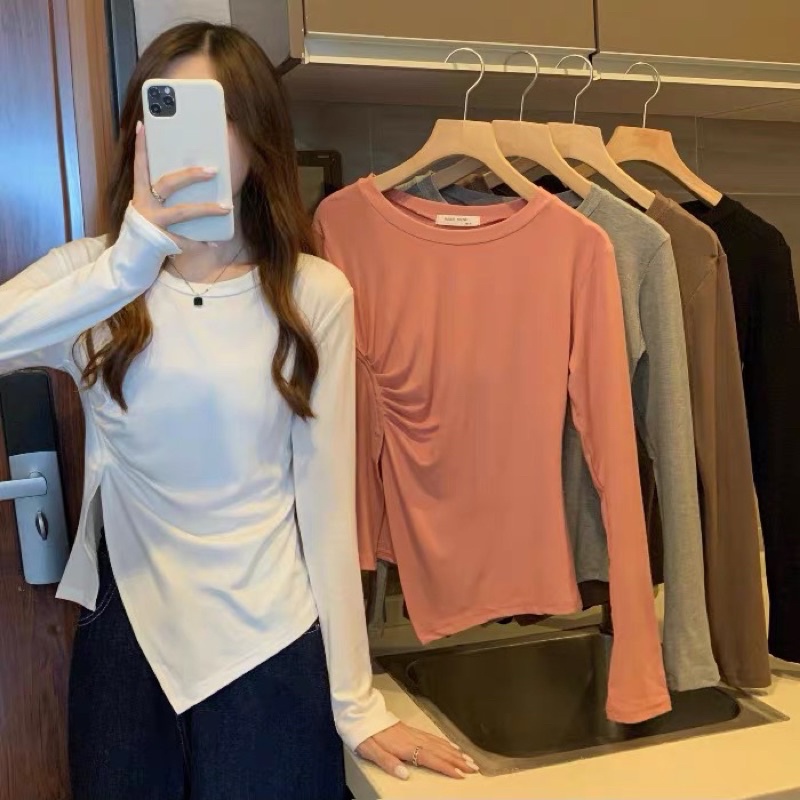 Áo kiểu Nữ dài tay Vạt Lệch Nhún bèo che bụng, tôn dáng m107