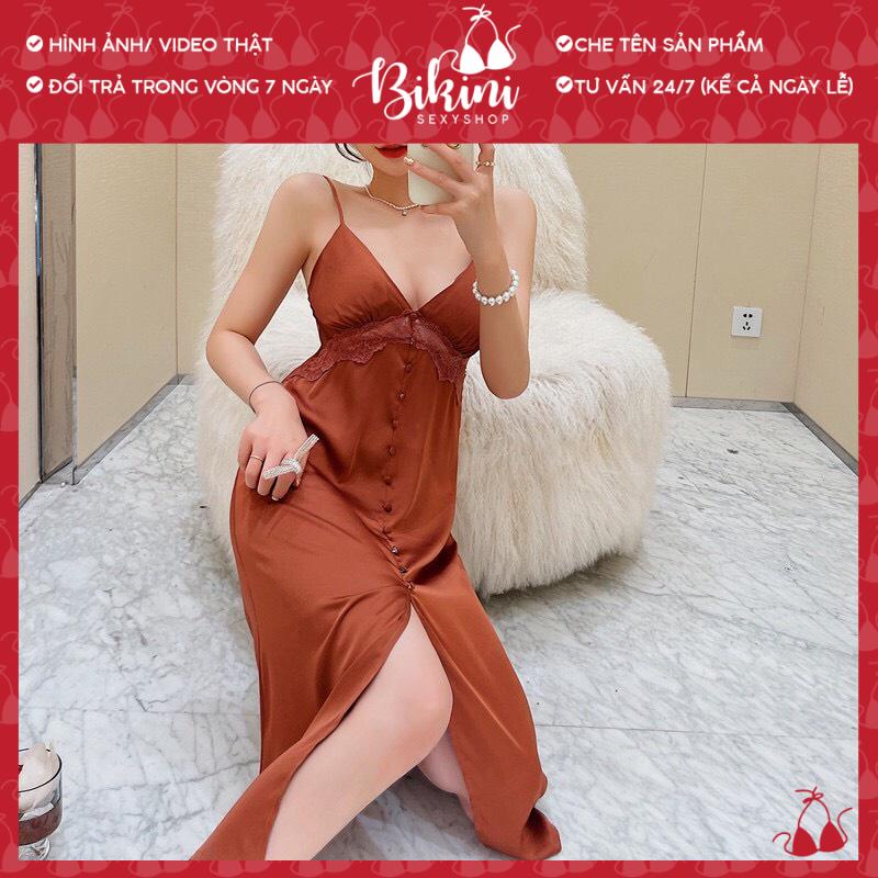 ❣️ Váy ngủ lụa 2 dây xẻ đủi đính khuy dọc phối ren có mút ngực freesize màu đen/ trắng/ cam/ xanh SN06