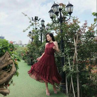 Đầm voan tơ cổ yếm xòe tầng so cute