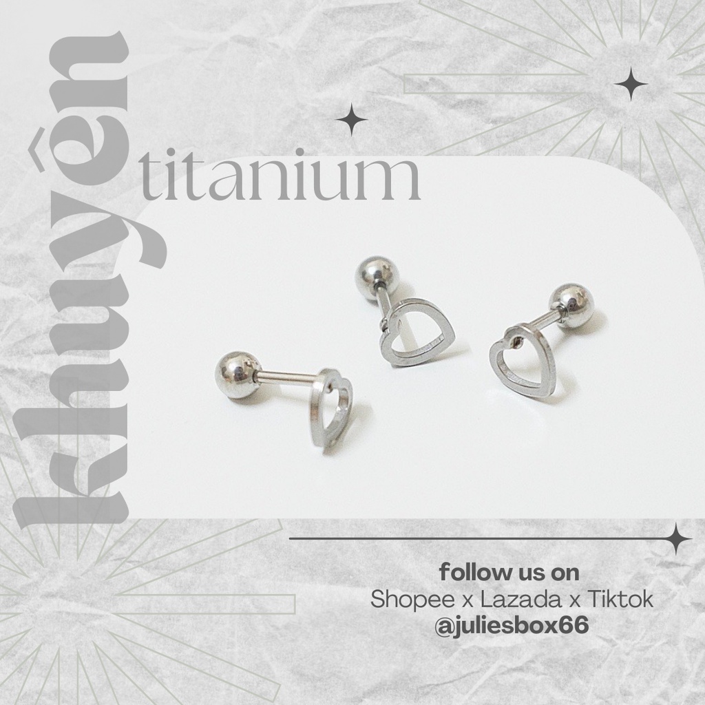 [1 Chiếc] Khuyên Tai Titan Unisex Hình Trái Tim Rỗng Bi Tròn Không Gỉ Sét Không Ngứa Bông Tai Julies Box 66
