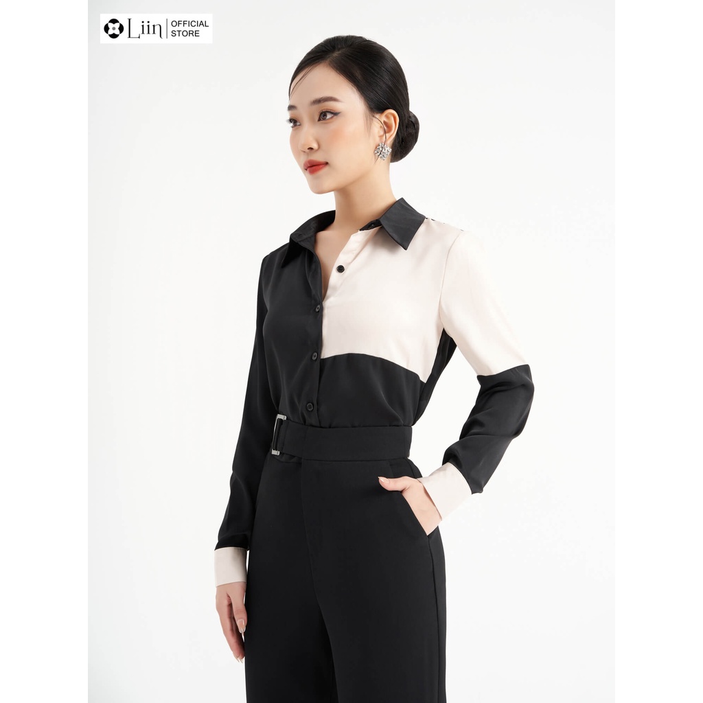 Áo sơ mi Linbi chất liệu Lụa Đen Phối Trắng sang trọng, dễ mix đồ liin clothing SM3615