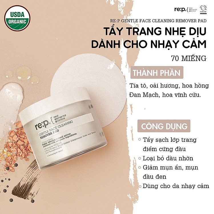 Tẩy Trang REP Pad  dạng miếng Nhẹ Dịu Dành Cho Da Nhạy Cảm RE:P Gentle Face Cleaning Remover Pad 70 Pads - 180ml