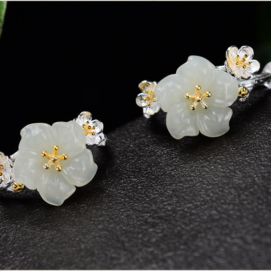 Khuyên Tai Bạc A7 Họa Tiết Hoa Anh Đào Đính Đá Ngọc Bích Trắng Chống Dị Ứng