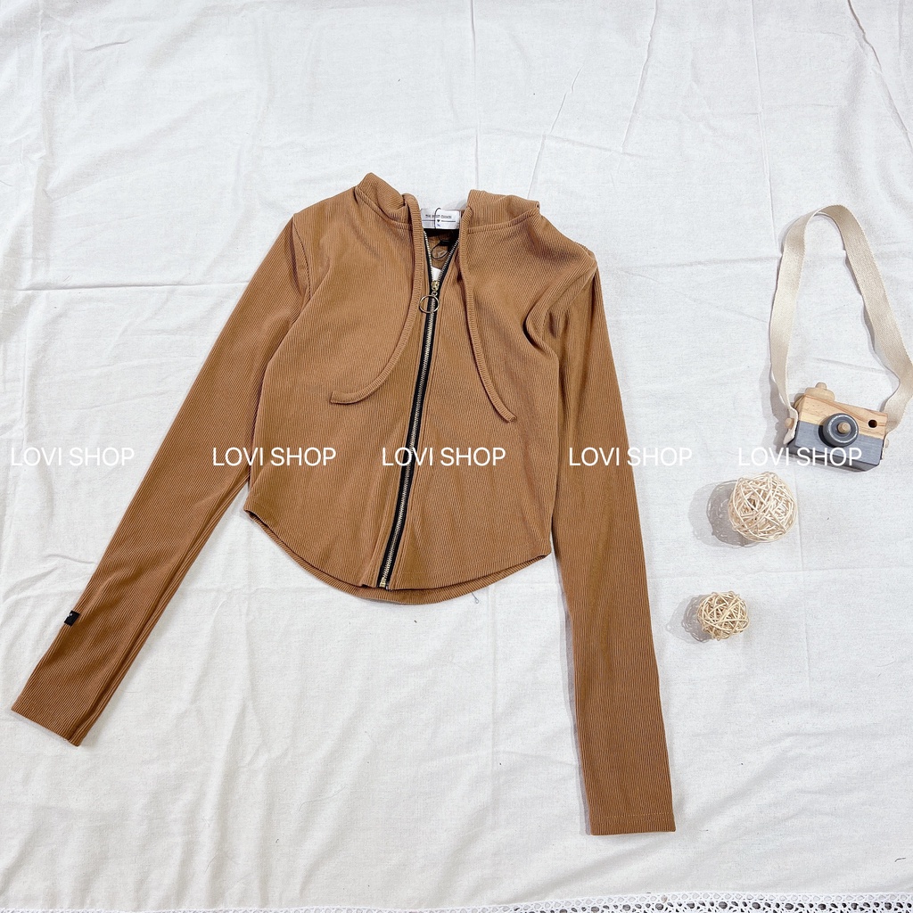 LOVI SHOP- Áo khoác croptop mũ viền tay dài chất thun gân tăm mềm có nón nhiều màu