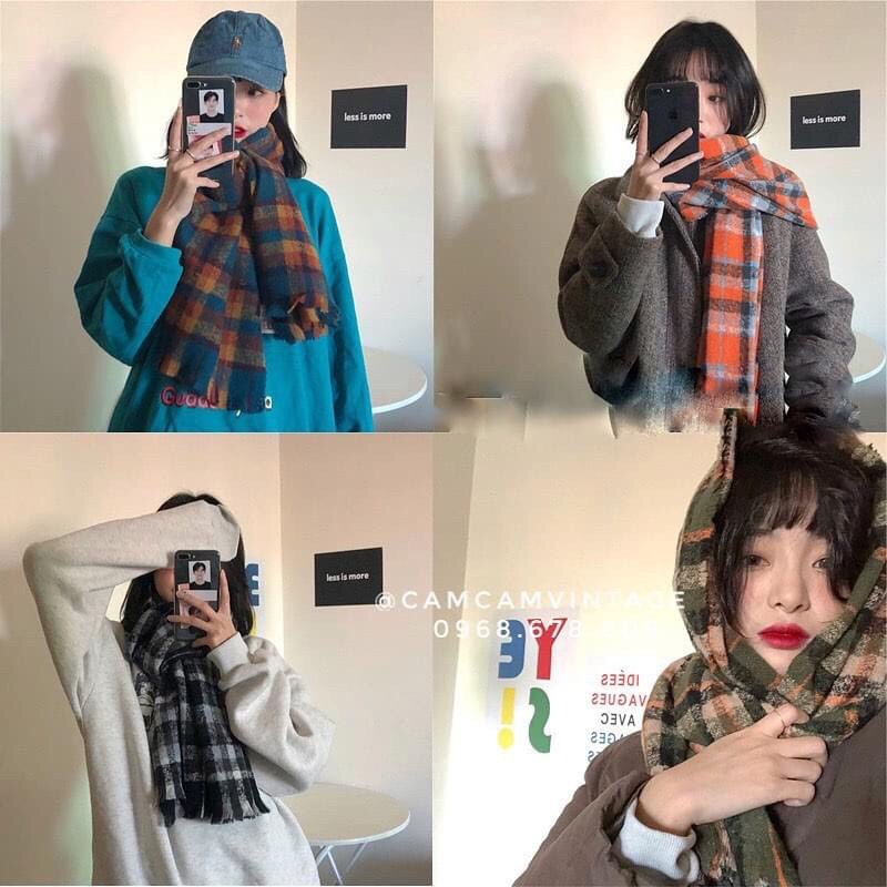 Khăn quàng cổ nam nữ choàng cổ lông thỏ caro vintage, mềm mịn dày cực ấm Beo Chan