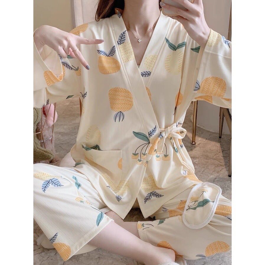 Bộ Đồ Bầu Dài Tay Thiết Kế Kiểu Dáng KIMONO họa tiết dễ thương mặc nhà và sau sinh BD948
