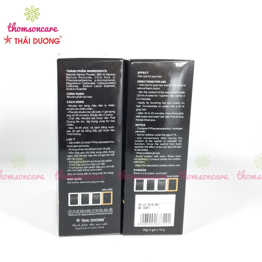 [ Hàng Hot ] Nhuộm đen tóc thảo dược Thái Dương từ dược liệu Hộp 5 gói từ bột lá henna, an toàn cho tóc và da đầu