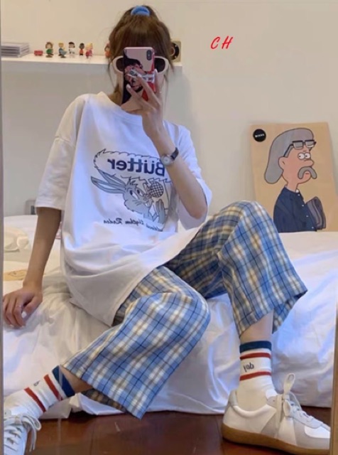 Sét áo Butter quần kẻ xanh COP989