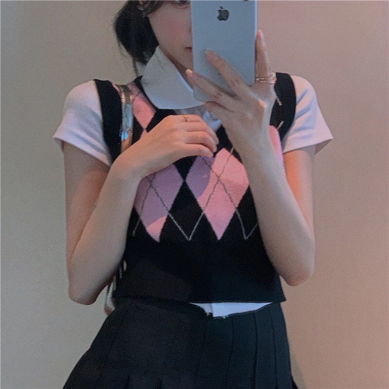 Áo Gile Len Cộc Tay Croptop Ôm Dáng Phong Cách Retro Hàn Quốc