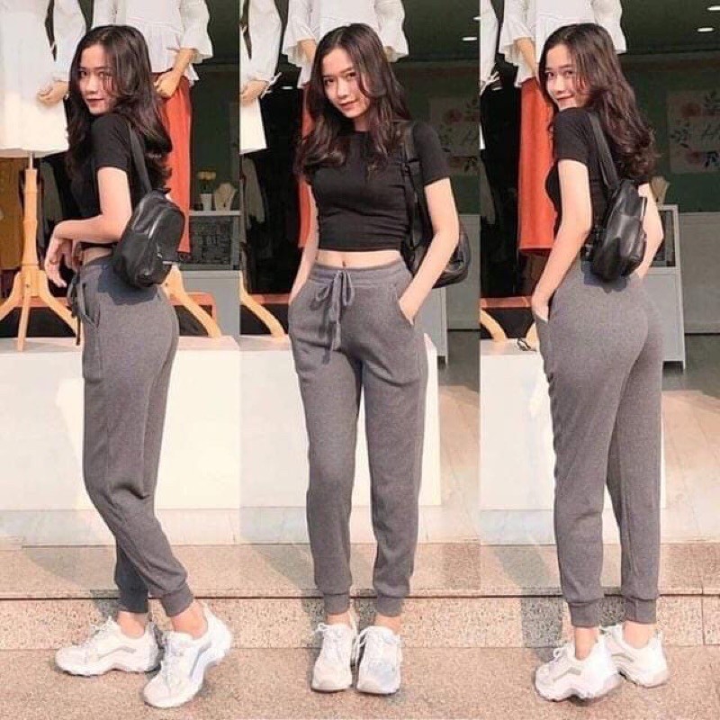Quần jogger len tăm nữ dáng thể thao cạp chun bo gấu phù hợp với moi lứa tuổi