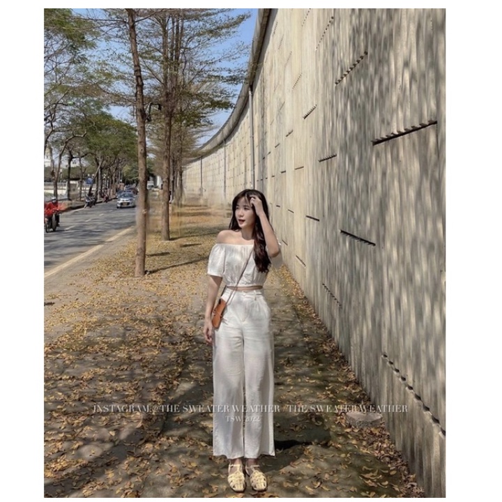 Bộ đồ nữ đi chơi sang chảnh cá tính đi du lịch, Set đi biển áo trễ vai mix quần ống suông phong cách Hàn Quốc