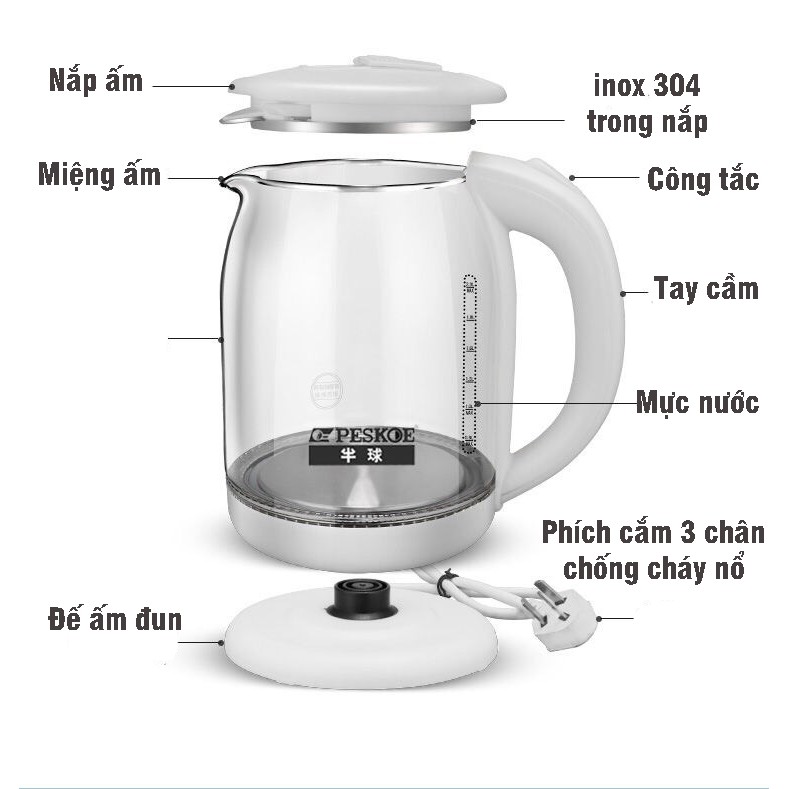 Ấm Siêu Tốc Thủy Tinh - Ấm Đun Nước Thủy Tinh Công Suất Lớn 1500W Dung Tích 1.8 Lít HB88