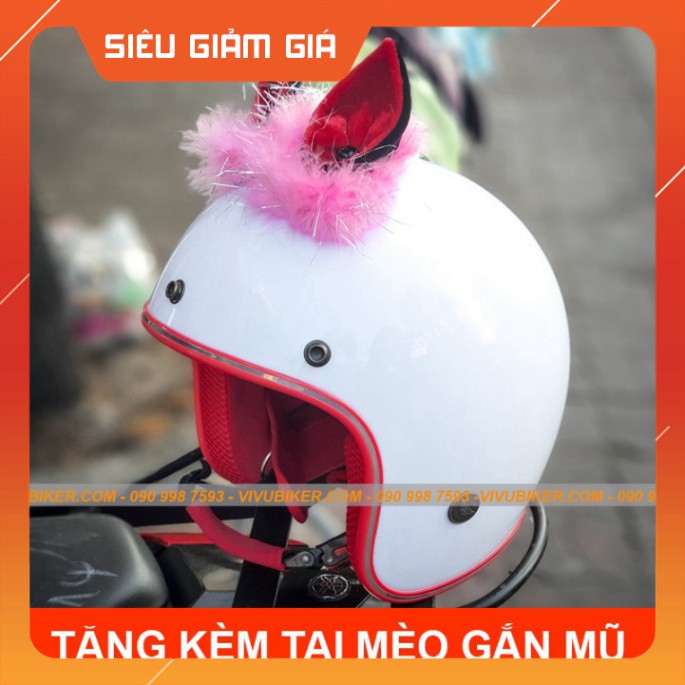 KHO SG-  COMBO Mũ bảo hiểm 3/4 trắng lót đỏ kèm tai mèo, tai thỏ FungFing Thái Lan gắn nón bảo hiểm cực cá tính - bảo hà