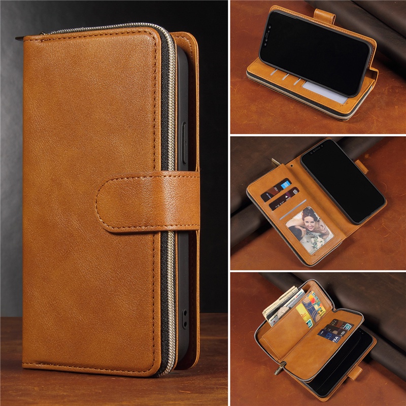 Ốp Điện Thoại Da Kèm Ngăn Đựng Thẻ Có Khóa Kéo Cho Iphone 14 13 12 Mini 11 Pro Max Plus