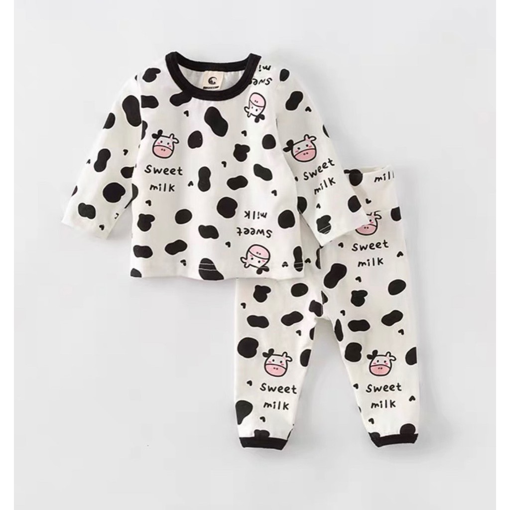 (6-18kg) Đồ bộ quần áo dài tay hình bò sữa cho bé mặc thu đông BH095