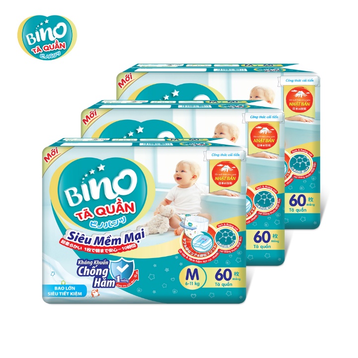 Combo 3 bao Tã quần Bino M60/L54/XL48/XXL44 - Công nghệ Nhật Bản kháng khuẩn chống hăm, mềm mại, khô thoáng