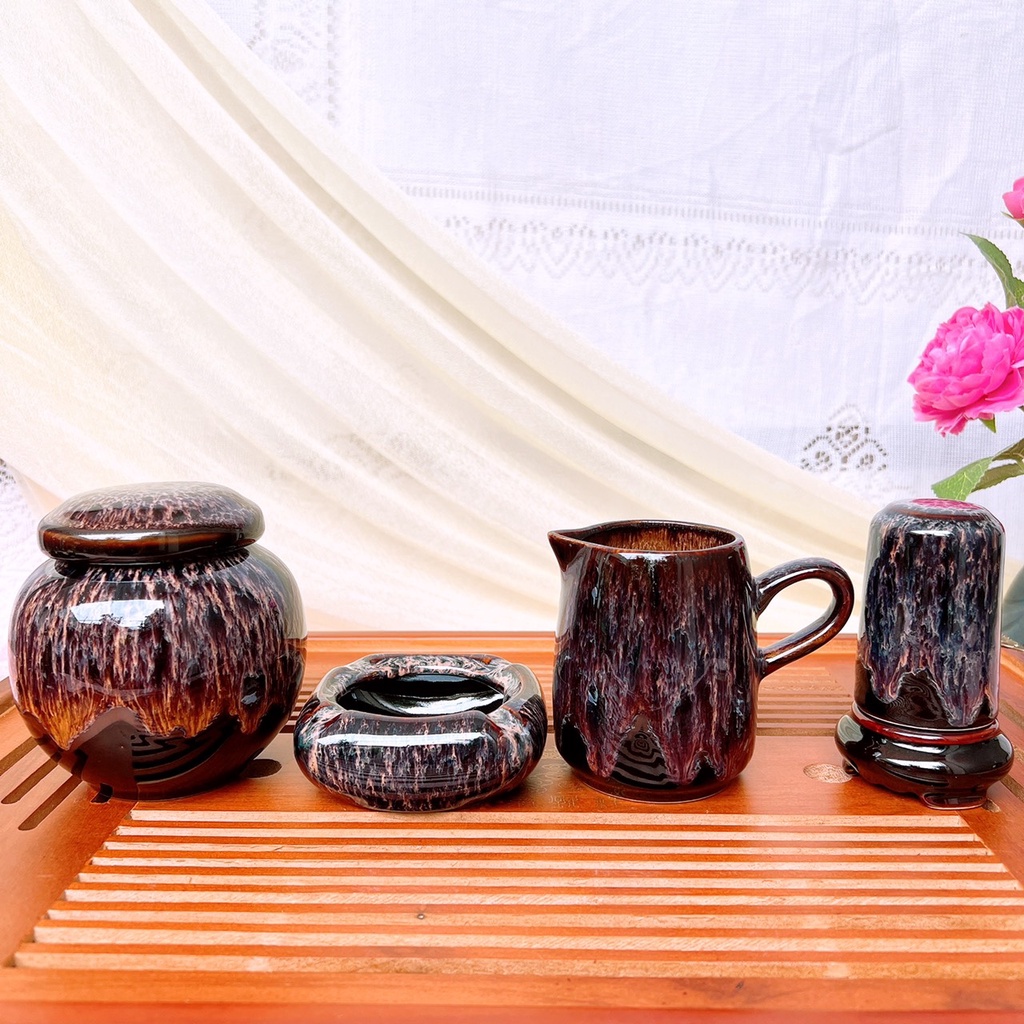 Bộ Ấm Chén 🎁 Gốm Sứ Bát Tràng 🎁 Bộ Ấm Trà Quai Sứ Cẩm Lai Đỏ Đẹp Decor Gomphuquy Hn20