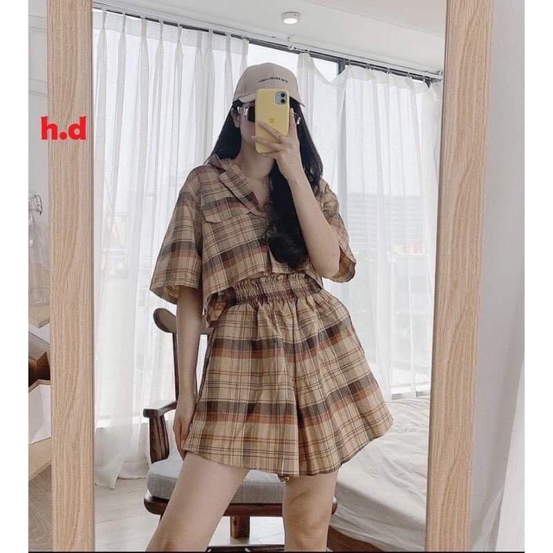 Set áo croptop sơ mi cổ véc + quần đùi ông rộng giả váy hđ