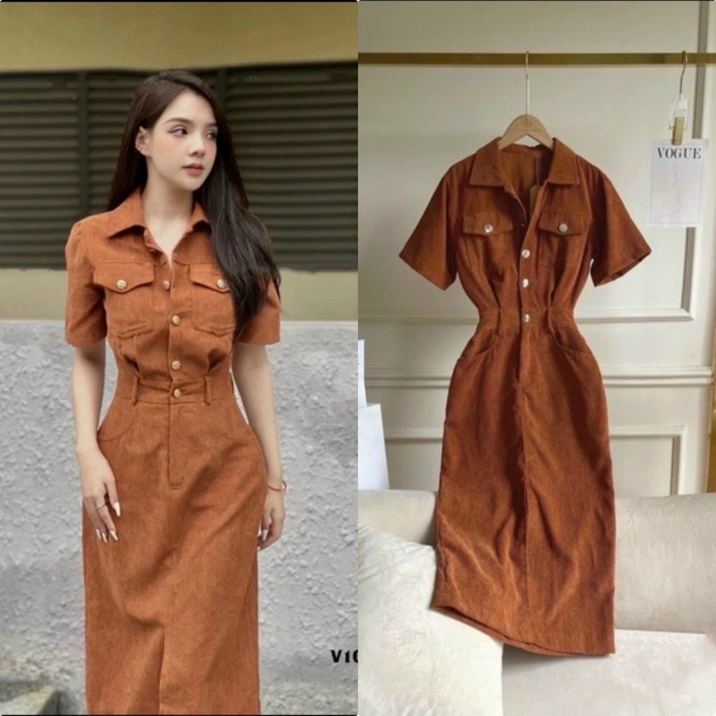 Váy đầm nữ dáng suông tay ngắn cổ sơmi cài nút thật có túi xẻ tà siêu xinh